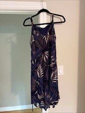 white birch Navy and Beige Palm-Print Midi Dress